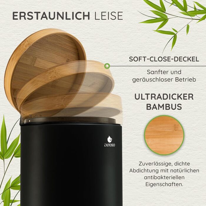 Відро для сміття для ванної Exitoso 5 л чорне - косметичне відро з бамбуковою дерев'яною кришкою та механізмом плавного закриття -