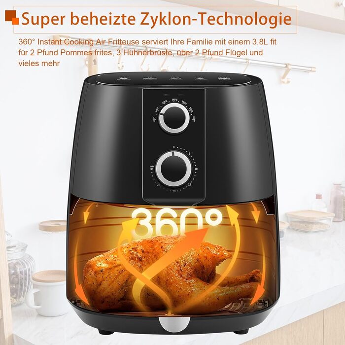 Аерофритюрниця OFCASA XL 3.8 л 1450 Вт, фритюрниця з гарячим повітрям, таймер на 30 хвилин і контроль температури 80-200C, фритюрниця без олії з подвійною ручкою Contro, кошик з антипригарним покриттям, безмасляна фритюрниця для чіпсів, чорна подвійна кно