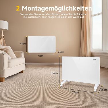 Електричний скляний конвекторний обігрівач Aigostar з пультом дистанційного керування для кімнат площею приблизно 30 м, радіатор з термостатом, енергозберігаючий ECO, тихий, 24-часовий таймер, окремостоячий/настінний, додаток Wi-Fi, 2000 Вт, чорний, білий