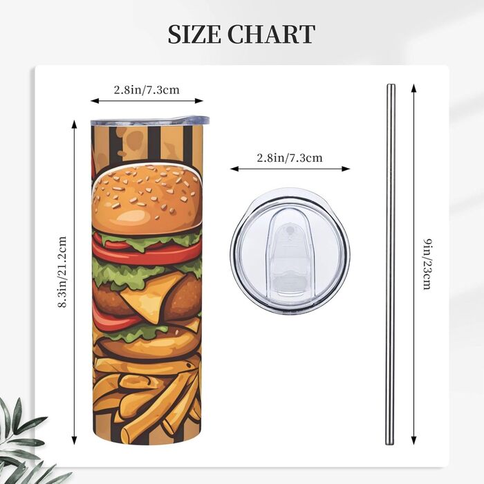 Кухоль з прямою трубочкою, мультяшний дизайн, великі бургери, принт, дорожній кухоль, підходить для кемпінгу, офісу та дому, 590 мл