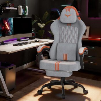 Ергономічне ігрове крісло Verdego з функцією масажу, підголівником та підставкою для ніг, оксамит, регульована спинка 90-145, регульована висота 10 см, ігрове крісло, сіро-помаранчевий оксамит