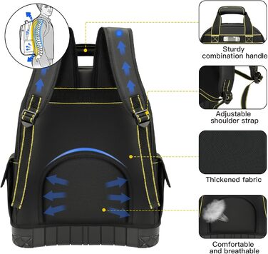 Рюкзак для інструментів 43 см, рюкзак для інструментів з гумовим дном, міцний 1680D, ергономічна спинка, для електриків, сантехніків, ремонтників рюкзак для інструментів