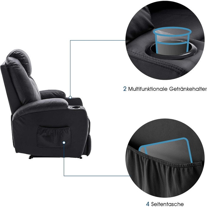 Електричне масажне крісло-реклайнер Крісло для телевізора з функцією відкидання, вібрацією та підігрівом 7061 Нова модель (чорна штучна шкіра)
