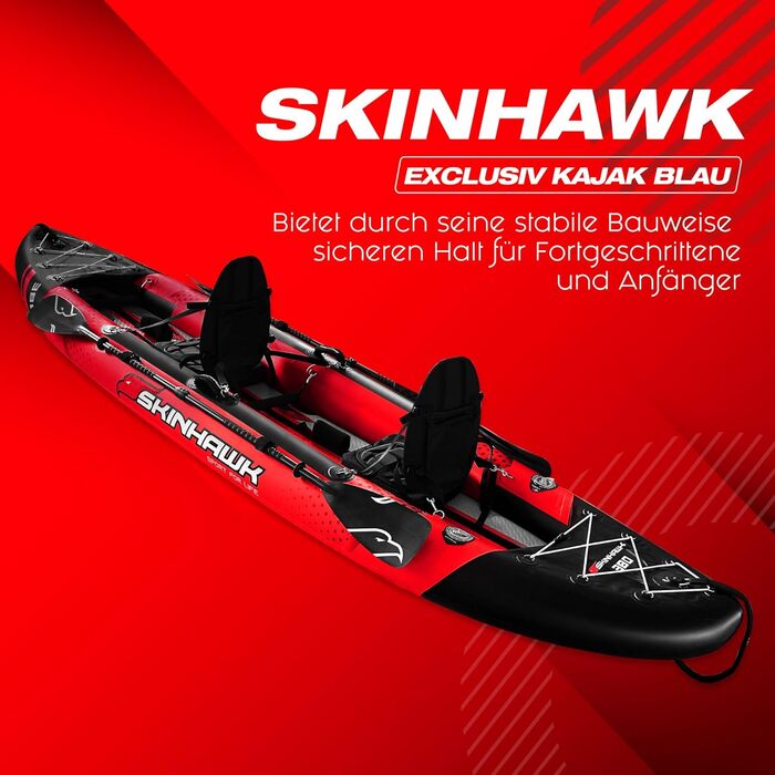 Ексклюзивний червоний набір для каяків SKINHAWK 380 - Надувний човен - Каное - 380 x 96 см - Каяк на 2 особи. Набір для каяків Skinhawk 380 з алюмінієвим веслом.