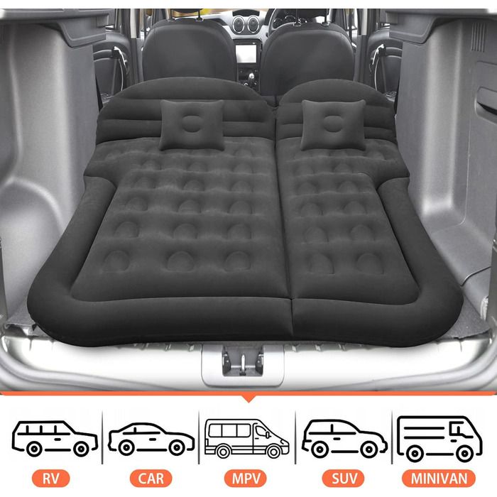 Надувний матрац для автомобіля, позашляховик, надувний матрац з насосом, MPV, надувний матрац, кемпінг, автомобільна подушка, товстіший надувний матрац для заднього сидіння з двома подушками для кемпінгу, подорожей, двору, пляжу, чорного кольору