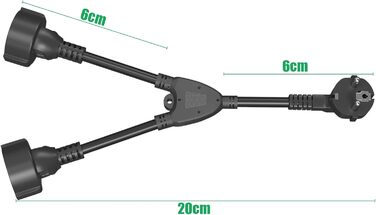 Подвійна вилка для розетки, подовжувач із захисним контактом з 2 розетками змінного струму Schuko, адаптер розетки 2-в-1 з гнучким кабелем, подвійна вилка для розетки max 3680 Вт (16 А/250 В) (чорний) 2 відділення Чорний