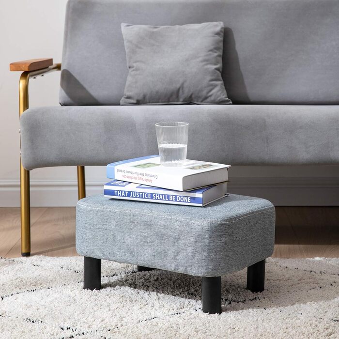 Невеликий пуф, табурет з лляної тканини, прямокутний пуф з м&39яким сидінням, соснові ніжки та м&39яке відділення для взуття для вітальні та спальні, світло-сірий RF-BD214-D Синьо-сіра тканина