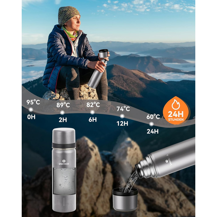 Термос SANTECO з нержавіючої сталі 1 л/1000 мл, герметична ізольована пляшка з чашкою для пиття в дорозі, термос для гарячих напоїв, кави та чаю, під час спорту, без BPA, зберігає напої холодними протягом 24 годин та гарячими протягом 12 годин, сріблястий