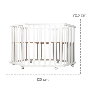 Сторонній манеж roba з вкладишем Adam & Owl - Ворота для повзання, регульована висота у 3 напрямках - Мобільний манеж на колесах - Дерево, білий / Adam & Owl, 6-