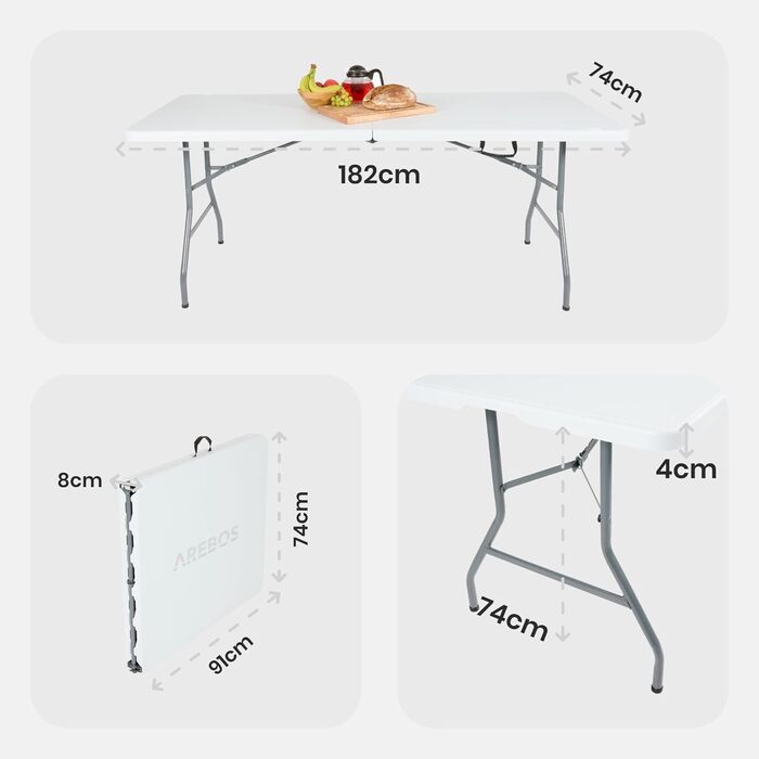 Складаний фуршетний стіл Arebos 182 x 74 x 74 см, водонепроникний садовий стіл, вечірній стіл, розкладний стіл для саду, патіо та балкону 8 осіб Кемпінговий стіл з ручкою для перенесення Білий