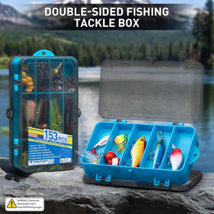 Набір рибальських снастей та приманок THKFISH із 153 предметів, рибальський набір, коробка для рибальських снастей, коробка для наживки з рибальськими аксесуарами, приманками, гачками, грузилами та спінінговими приманками, рибальський набір із 153 предмет