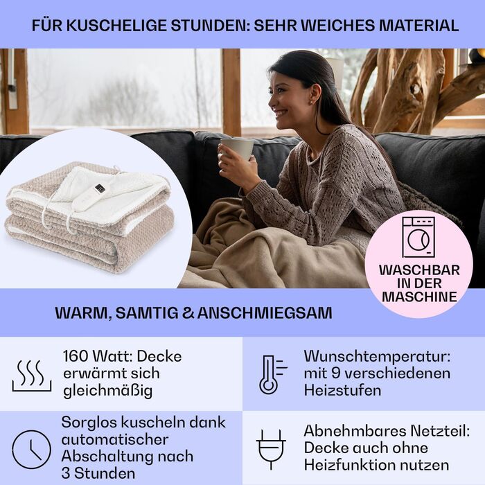 Електрична ковдра з підігрівом та автоматичним вимиканням, 180x130 см Електрична ковдра з підігрівом, яку можна прати в пральній машині, Двостороння ковдра з підігрівом для ліжка та дивана, Підігріта ковдра з 9 режимами нагріву, 180x130 см, Піщаний