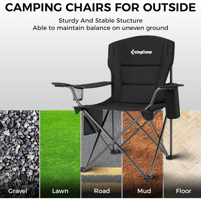 Крісло для кемпінгу KingCamp з сумкою-холодильником та тримачем для напоїв, кемпінгове крісло для дорослих, складні вуличні стільці для саду, пікніка, походів, використання в приміщенні, вантажопідйомність 136 кг, чорний