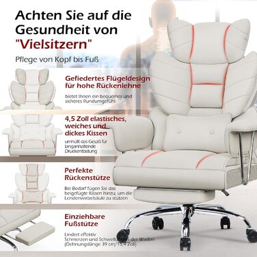 Ергономічне офісне крісло з висувною підставкою для ніг, регульоване по висоті робоче крісло, велика м&39яка спинка, індивідуальна поперекова підтримка, крісло керівника зі штучної шкіри, білий колір з підставкою для ніг