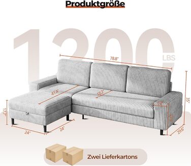 Місний L-подібний диван з регульованою оттоманкою для зберігання речей, кутовий диван з функцією сну, модульний диван, вельветовий диван, дерев&39яний каркас, глибоке сидіння, ідеально підходить для вітальні, сірий, 200