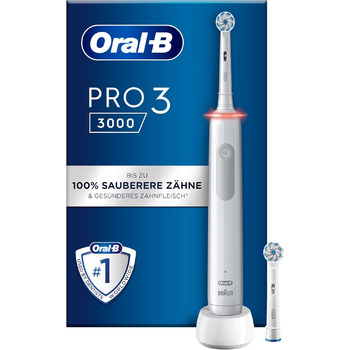 Електрична зубна щітка Oral-B PRO 3 3000, 2 насадки Sensitive Clean, 3 режими очищення та візуальний контроль тиску на 360 для догляду за зубами, подарунок для чоловіків/жінок, білий