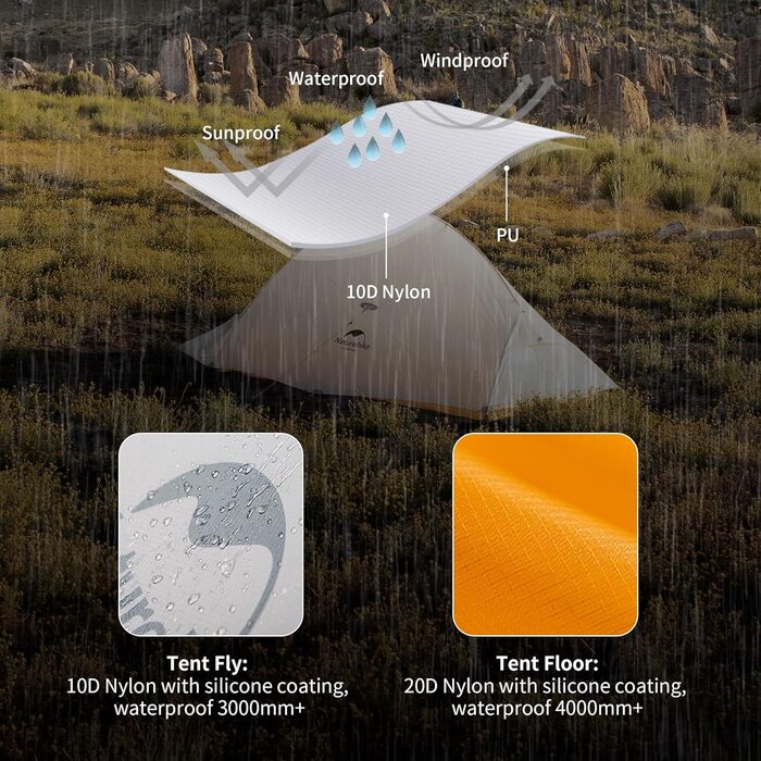 Намет для кемпінгу Naturehike Cloud up 2, надлегкий намет для 2 осіб, 3-4 сезони, водонепроникний намет для походів та піших прогулянок, кумкватовий жовтий, 10D