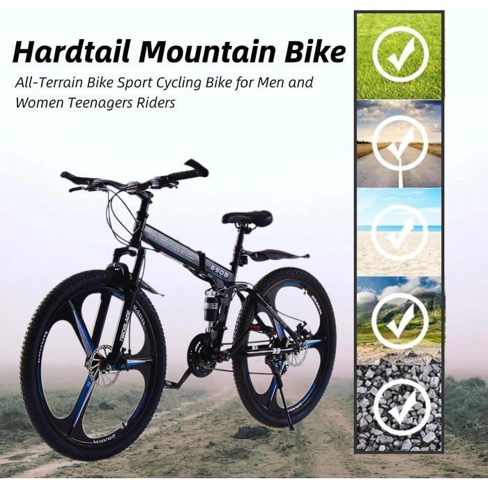Дюймовий складний гірський велосипед, 21-швидкісна коробка передач Shimano, гірський велосипед з подвійною підвіскою, легка рама, гірський велосипед для чоловіків та жінок, складний спортивний велосипед для дорослих, чорно-синій, 27,5-