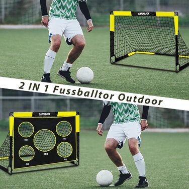 Футбольні ворота для саду, дитячі футбольні ворота 2 в 1, висувні футбольні ворота з лунками для ударів та сумкою для перенесення, кілки для землі, покращення - жовті - 120x90x90