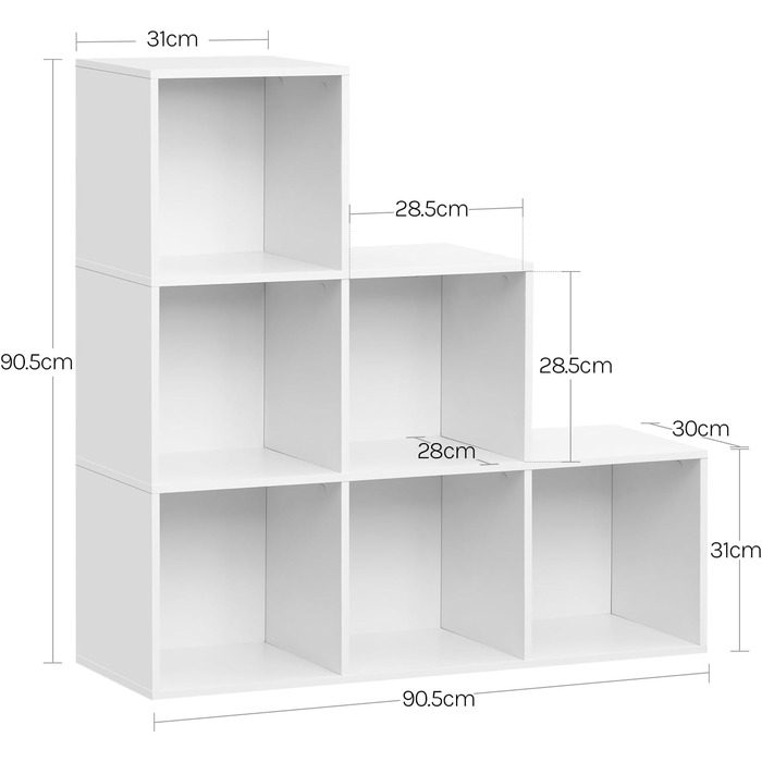 Книжкова полиця WOLTU з 6 відділеннями, кубічна полиця, полиця для сходів, полиця-сходинка, полиця-стояча полиця, для вітальні, спальні, дитячої кімнати, офісу, біла, 90,5x90,5x30 см, SK061ws Біла 6 відділень (30Г x 90,5Ш x 90,5В см)