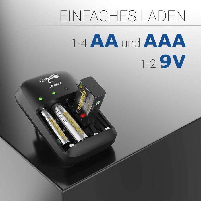 Зарядний пристрій HEITECH Ultimate на 4 батареї - Зарядний пристрій на 4 батареї для заряджання батарей та акумуляторів - Швидкий зарядний пристрій для батарей AAA, AA та 9V NiMH - Зарядний пристрій