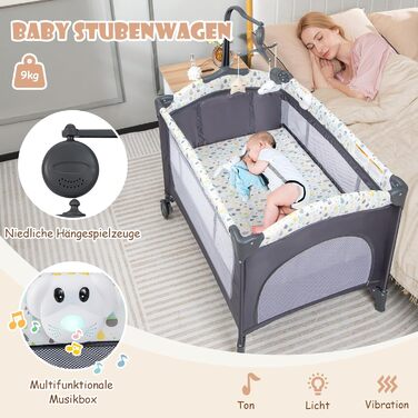 Дитяче ліжечко DREAMADE 4-в-1, складне та портативне дитяче ліжечко з колесами, матрац, пеленальний килимок та музичний мобіль, 102 x 72 см, приліжкове ліжечко для малюків 0-36 місяців (бежевий)