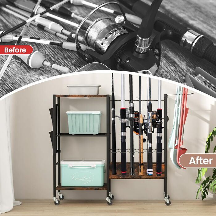 Тримач для вудки GIANTEX, підставка для 12 вудок, тримач для вудки з котушками, рибальські аксесуари, 3-рівнева рибальська підставка з гачками та сумкою, візок для рибальських снастей, органайзер для вудок, 84 x 30 x 82 см