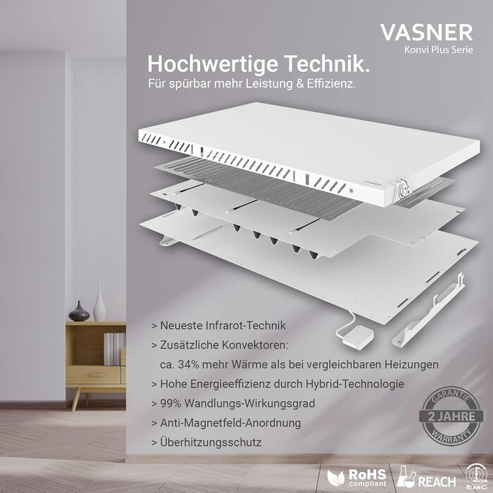 Інфрачервоний гібридний обігрівач VASNER Konvi Plus Електричний обігрівач з термостатом, 600-1200 Вт, гібридний інфрачервоний обігрівач, білий колір із закругленими кутами, настінний, 3-річна гарантія, німецька карбонова технологія (900 Вт)