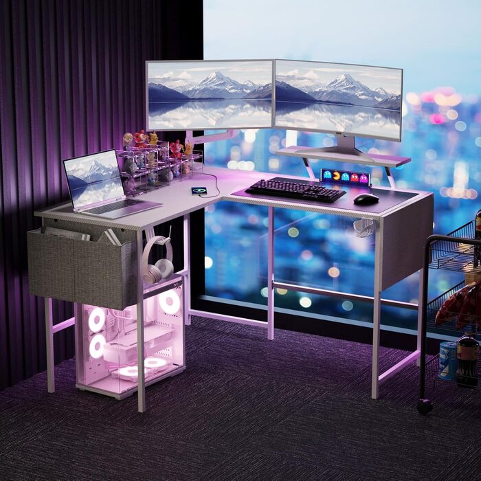 Ігровий стіл із розумним світлодіодним освітленням, L-подібний стіл із подовжувачем для домашнього офісу, кутовий стіл 120-150 см з розеткою, сумка для зберігання, підставка для монітора, білий