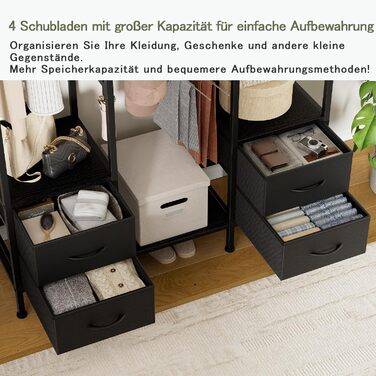 Відкрита шафа, вішалка для одягу, вішалка для пальто з 4 шухлядами, міцна вішалка для одягу, для спальні, вітальні, передпокою, чорна