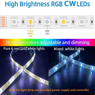 Бездротовий контролер світлодіодної стрічки 5 в 1 з радіочастотним пультом дистанційного керування, 5-канальний світлодіодний контролер RGBWW з регулюванням яскравості для CCT RGB RGBW RGBCCT і 5 білих світлових стрічок DC12-24V (лише світлодіодні стрічки