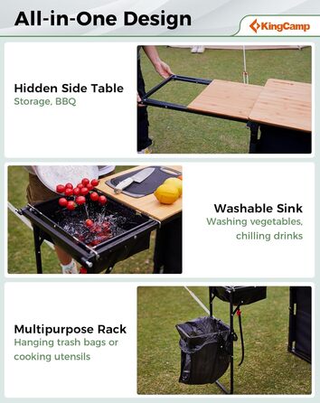 Складана кемпінгова кухня KingCamp з раковиною, бамбукова кемпінгова шафа, складна вулична кухня з місцем для зберігання, вітровим склом та тримачем для лампи, міцна алюмінієва рама, дорожня кухня, кемпінгові меблі для пікніків-барбекю, кемпінгова шафа з 