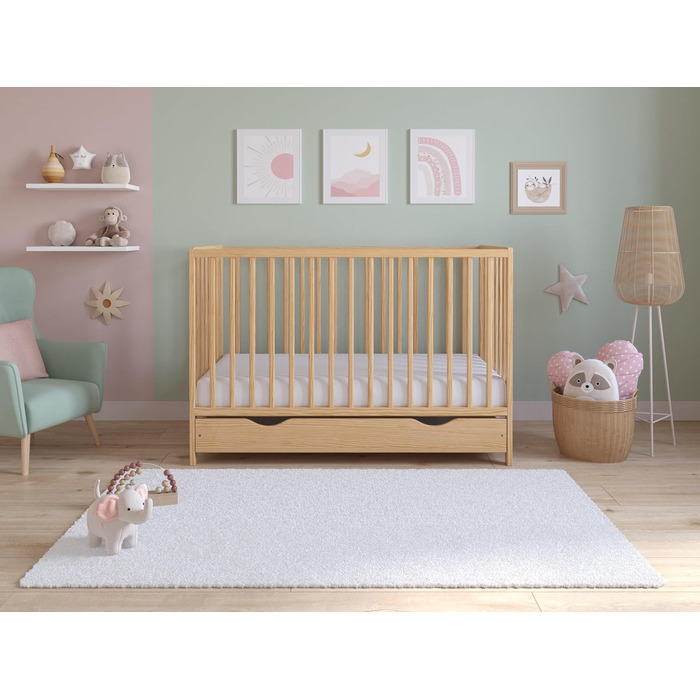 Дитяче ліжко Love For Sleep Asher 120x60 см з матрацом з стьобаної мікрофібри Дитяче ліжко, яке можна трансформувати в юніорське ліжко з великою шухлядою та захистом від падіння, натуральна сосна