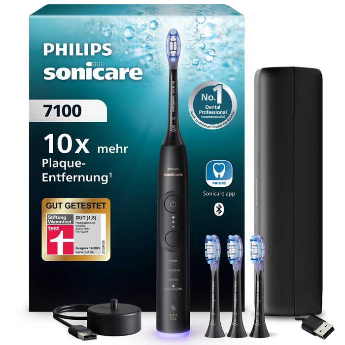Електрична звукова зубна щітка з підключенням до додатку, 4 режими чищення, 3 рівні інтенсивності, контроль тиску, EasyStart, SmartTimer, чорний колір, модель HX7421/08 Нова технологія Sonicare 7100, чорна, 4 насадки для щітки, 7100