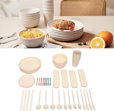 Набір посуду на 4 особи, небємий тарілки, миски та чашки. Зручна коробка для зберігання, можна мити в посудомийній машині та використовувати в мікрохвильовій печі. Ідеально підходить для дому, кемпінгу, пікніків.