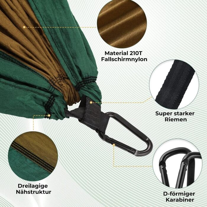 Ультралегкий гамак для подорожей Glymnis з підвісними тросами та сталевими карабінами, вантажопідйомність до 300 кг