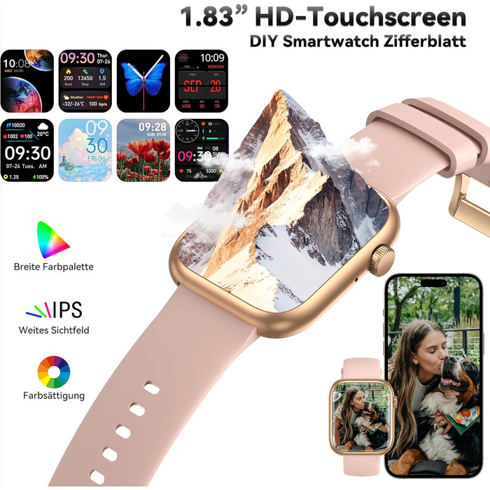 Розумний годинник для чоловіків та жінок, 1,83-дюймовий HD фітнес-трекер з крокоміром/монітором артеріального тиску/монітором серцевого ритму/функцією телефону, трекер сну, 120 спортивних режимів, водонепроникний фітнес- та спортивний годинник IP68 для iP