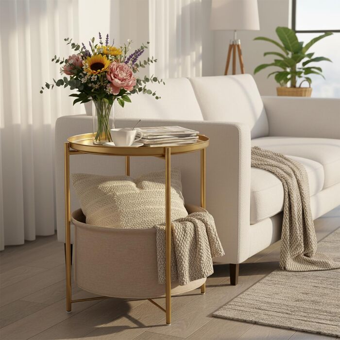 Круглий приставний столик danpinera, золотий приставний столик із місцем для зберігання, маленький столик для ліжка, круглий металевий маленький столик для вітальні, спальні, дитячої кімнати, золотий з тканинним кошиком для зберігання