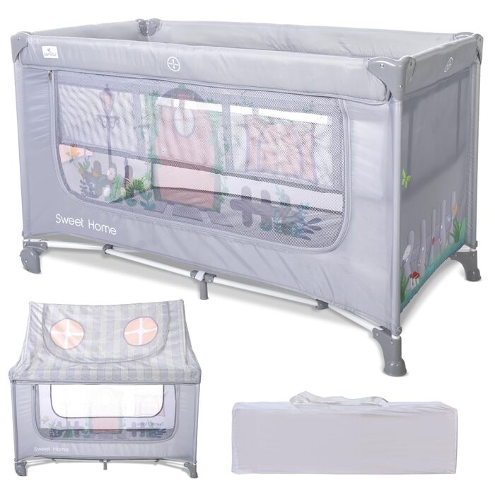 Дитяче ліжечко Lorelli з балдахіном та колесами, 2 в 1 дитяче ліжечко та манеж Sweet Home, ліжечко від народження до 15 кг, бічний вхід, складне, включаючи сумку для перенесення, сірий