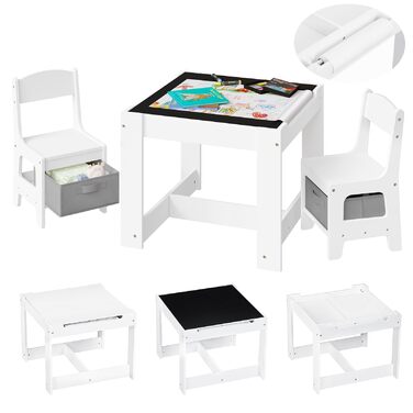 Дитячий стіл Lestaraiin з 3 предметів та 2 стільцями, дитяча група сидінь, комплект дитячих меблів з місцем для зберігання, художній стіл для дошкільнят, стільниця з дошкою для малювання та рулоном паперу, для дитячої кімнати/ігрової кімнати, білий