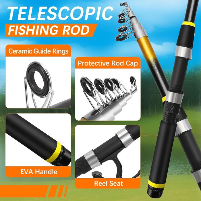 Предметний риболовецький набір для дітей, телескопічні вудки 2,1 м 1,8 м, повний комплект з котушкою, приманками та футляром для прісноводної риболовлі, рибальське спорядження для початківців, помаранчевий колір, 118-