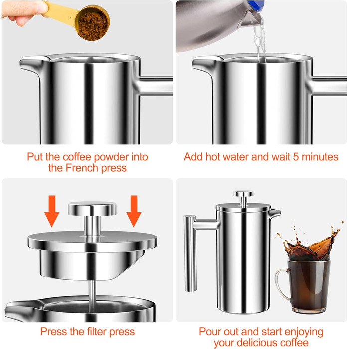 Кавоварка для френч-пресу Uootach 350 мл, високоякісні кавоварки з нержавіючої сталі, кавоварка френч-прес з потрійним фільтром з нержавіючої сталі, для дому, подорожей, кемпінгу (срібло)