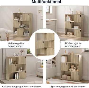Книжкова полиця eSituro, стояча полиця з 3 дверцятами та 9 відділеннями, кубічна полиця, полиця для дитячого офісу, окремостояча полиця для вітальні, спальні, світлий дуб