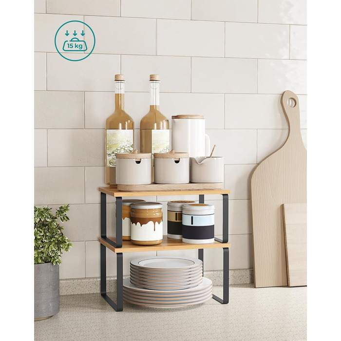 Стійка для спецій, Набір з 4 шт. , Кухонна полиця, Кухонний органайзер, Розширювана, Штабельований тримач для спецій, З металевою рамкою, 19,5 x 29,7 x 15,8 см, Чорнило-чорний - Натуральний бежевий KCS10NB Чорнило-чорний Натуральний бежевий 29,7B см