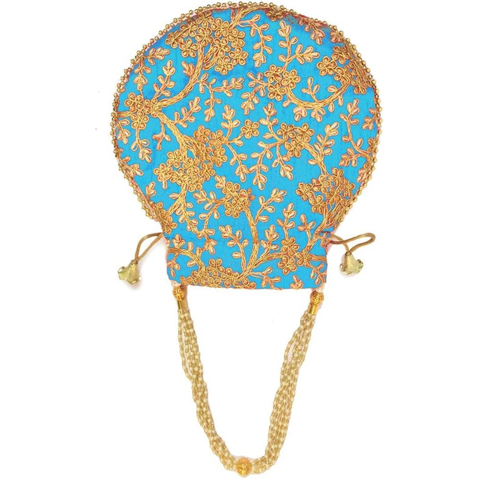 Вишукана індійська сумочка-поклаж Потлі з квітковою вишивкою, оливково-зелений бавовняний клатч з зав'язками для весільного подарунка. Бірюзово-золотий.