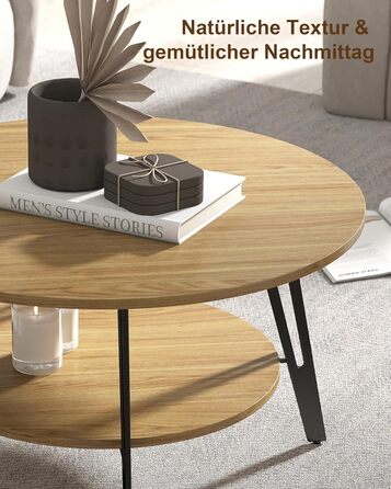 Круглий дерев&39яний журнальний столик Manora з подвійним відділенням для зберігання, круглий стіл для вітальні, дерев&39яний бічний столик з металевою основою, сучасний дизайн круглого дивана-столика для вітальні (дуб, C25298) Меблі для вітальні з дуба