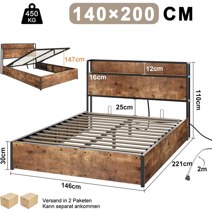 Ліжко з механізмом зберігання та підйому, ліжко-платформа з дерев&39яним узголів&39ям, відділеннями для зберігання та зарядною станцією, без матраца (коричневе, 140x200 см) Коричневий 140x200 см