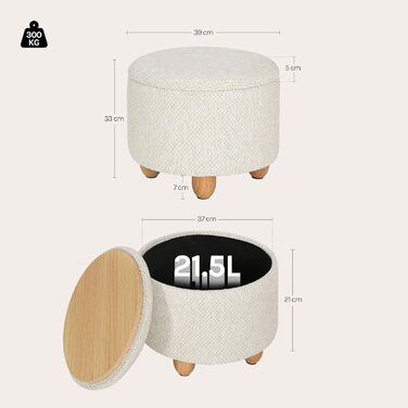 Табурет WOLTU з місцем для зберігання речей, круглий м&39який пуф для ніг, журнальний столик з ніжками з масиву дерева, пуф для ніг з кришкою, лляний чохол, Ø39x33 см, кремово-білий