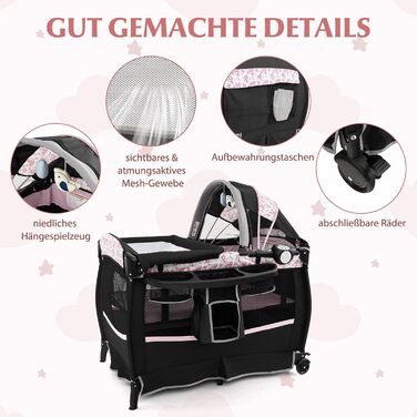 Дорожнє ліжечко 4-в-1 з матрацом, дитяче ліжечко 102 x 73 см з колесами, пеленальний килимок та колиска, складне приліжкове ліжечко для дітей 0-36 місяців та вагою до 15 кг (рожеві квіти)