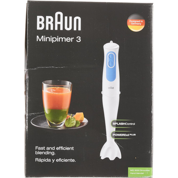 Ручний блендер Braun MultiQuick 3 MQ 3000 Smoothie блендер з 2 швидкостями, технологіями PowerBell Plus і SplashControl, 700 Вт, в т.ч. 600 мл, синьо-білий MQ 3000 пластикова ніжка блендера